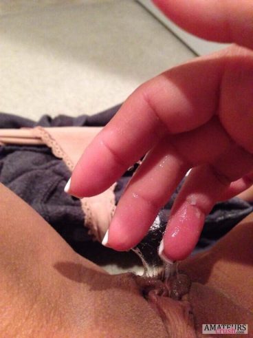 Very sticky grool between fingers and bald pussy
